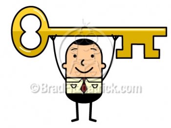 Cartoon Business Man Holding a Key Above His Head Clipart Graphics