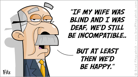 cartoon of an old man complaining about compatibility issues with his wife.