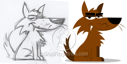 cartoon coyote character, before and after drawing and full color picture.