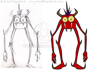 Lanky Red Monster cartoon character illustration - before and after color and sketch