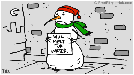 Funny Economy Cartoon of a snowman begging on the sidewalk