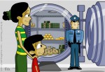 Children’s Book Illustration of Mom Showing Her Son a Bank Vault that is Guard by a Security Guard
