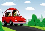 Children’s Book Illustration of a Mom and Son Riding in a Red Car