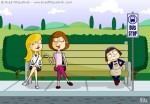 Children’s Book Illustration of a Mom and Daughter Sitting on a Bus Bench Waiting for a Bus with a Friend