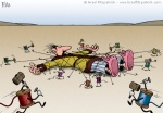 Digital Illustration of Cody strapped down by spools of thread - Gulliver’s Travels style