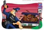 Vector Illustration of a Cop Ordering turkey immigrants out of a smuggler’s trunk