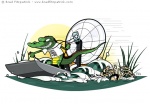 Vector Illustration of a Crocodile driving an air boat like a mad man through a swamp almost running over a woman who is swimming frantically away