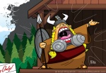Vector Illustration of a Fat Lady Opera Singer Singing so Loudly that the man on the mountain is crumbling