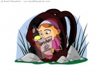 Vector Illustration of a Little Girl Reading Harry Potter inside a Backpack