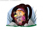 Children’s Book Illustration of a Teachr Holding a Basket of Shells - Cowrys