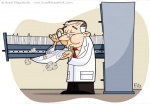 Vector Illustration of a Scientist dusting off a file from a large file cabinet drawer