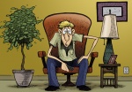 Digital Illustration of a Couch Potato Zoning out in front of the tv with a remote control
